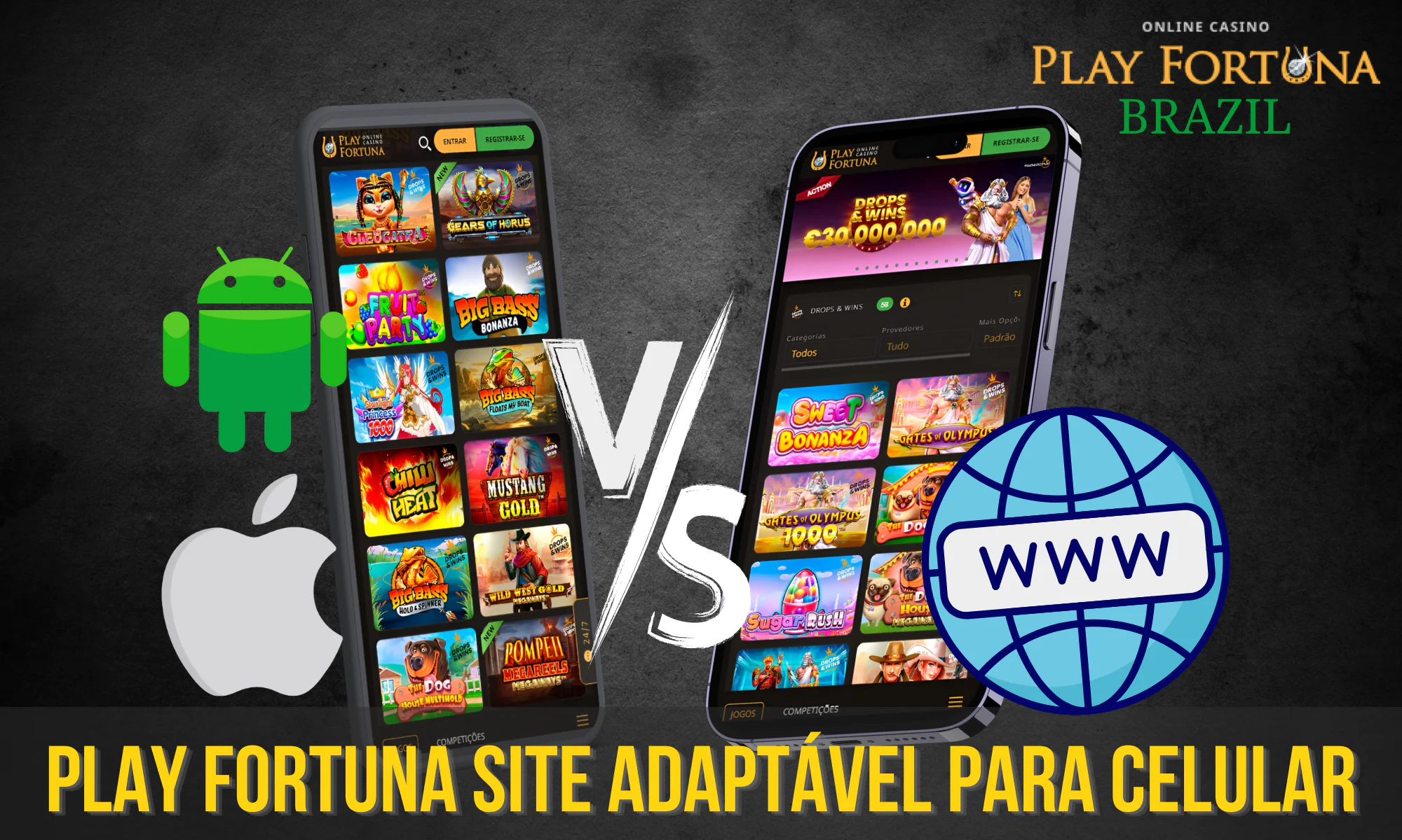 Comparação entre a versão do navegador e o aplicativo Play Fortuna